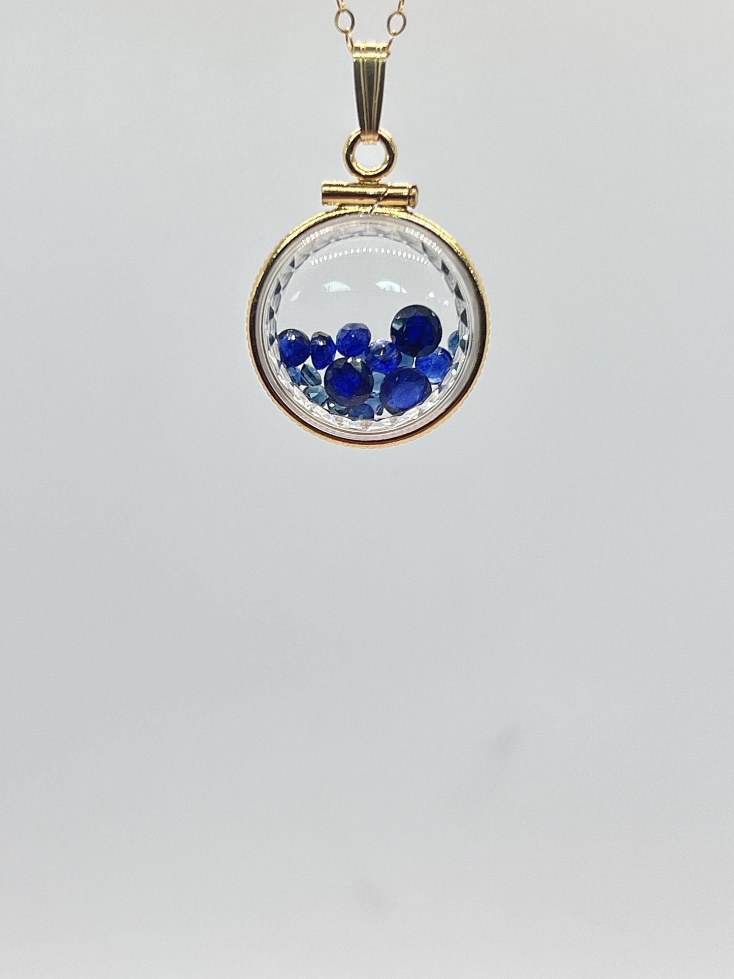 Hand made diamond edge dime size 14k gold filled lucite  shaker locket with 2.75 tcw round cut genuine blue sapphires ,september birthstone.