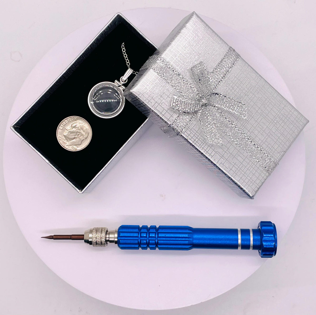 Empty customizable 18mm handmade sterling silver diamond edge shaker locket, dime sized necklace w/ free screwdriver