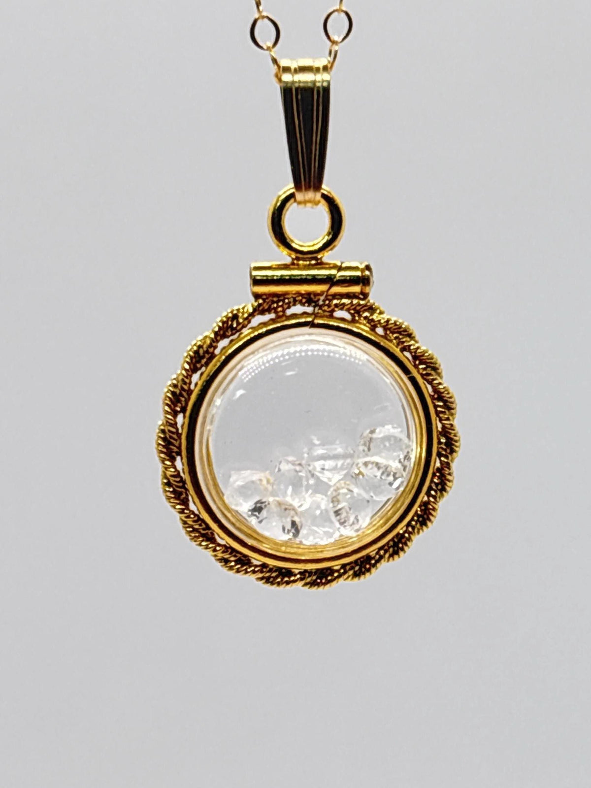 Handmade 12.5 mm 14k gold filled gemstone  shaker locket with twisted rope edge bezel, 0.75 cttw. white topaz, birthstone april