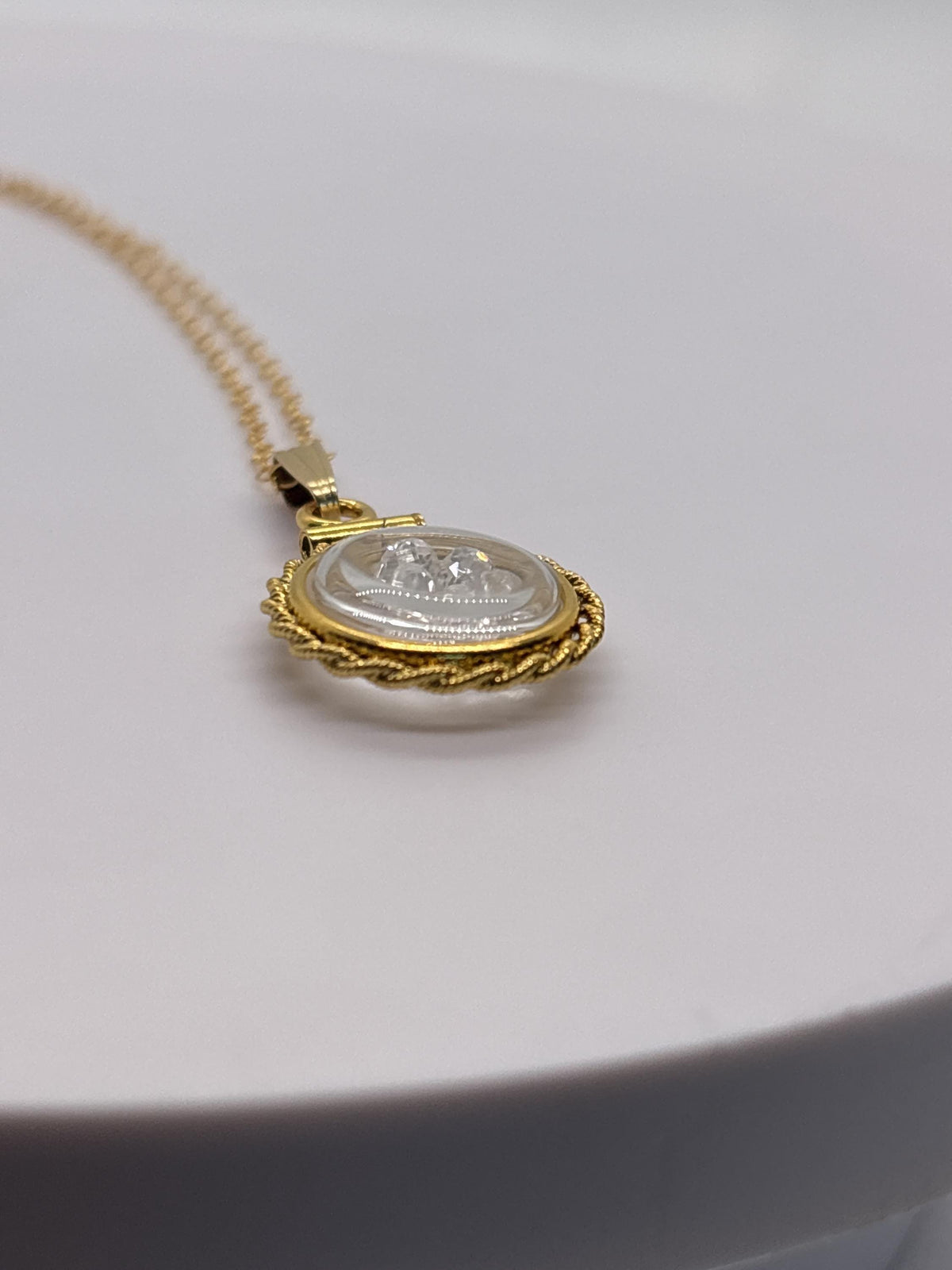 Handmade 12.5 mm 14k gold filled gemstone  shaker locket with twisted rope edge bezel, 0.75 cttw. white topaz, birthstone april