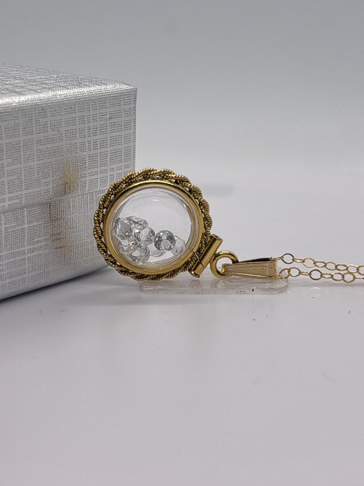 Handmade 12.5 mm 14k gold filled gemstone  shaker locket with twisted rope edge bezel, 0.75 cttw. white topaz, birthstone april