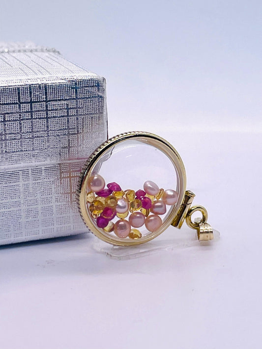 14k solid gold handmade dime size ruby, citrine, pearl shaker locket artistic series, beautiful mix