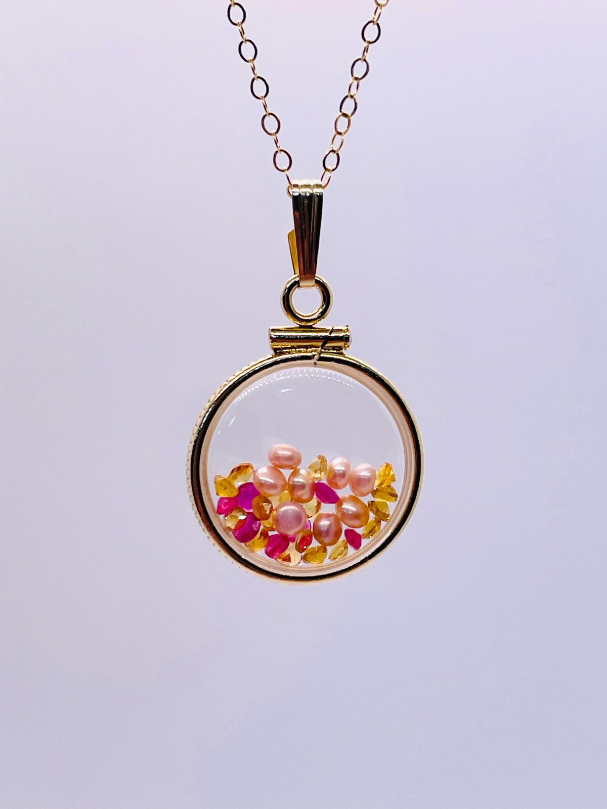 14k solid gold handmade dime size ruby, citrine, pearl shaker locket artistic series, beautiful mix