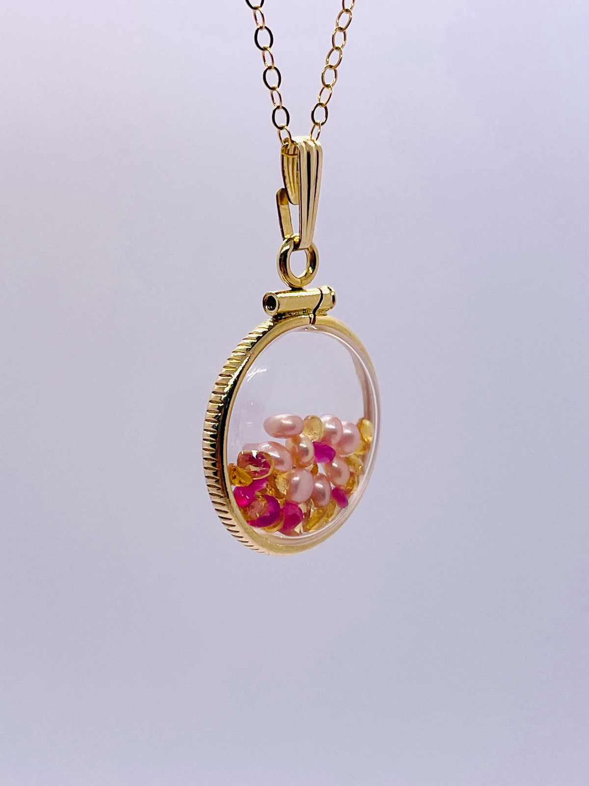 14k solid gold handmade dime size ruby, citrine, pearl shaker locket artistic series, beautiful mix
