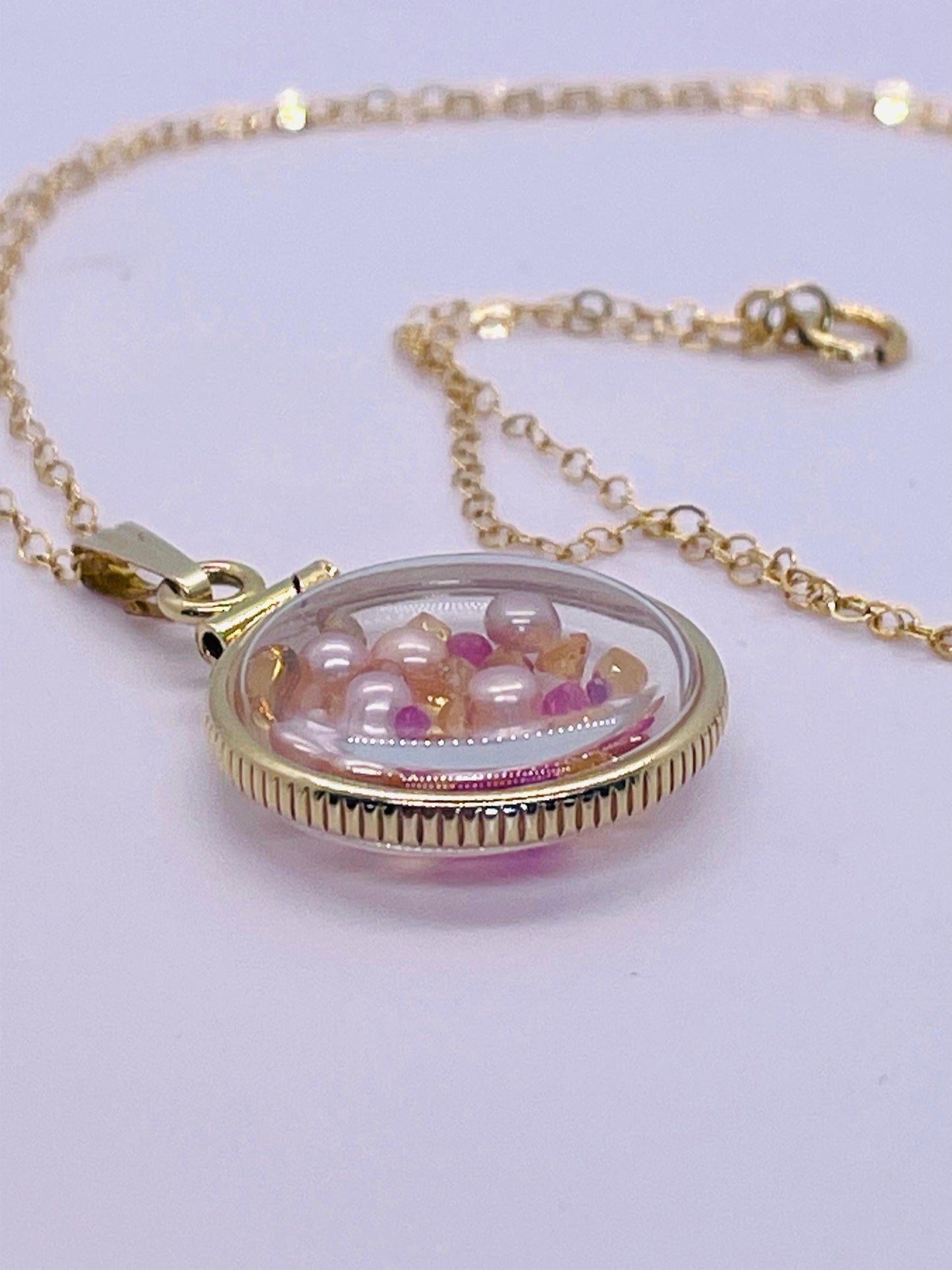 14k solid gold handmade dime size ruby, citrine, pearl shaker locket artistic series, beautiful mix