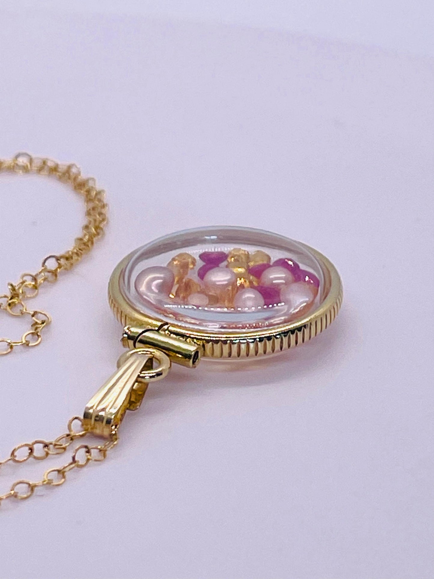 14k solid gold handmade dime size ruby, citrine, pearl shaker locket artistic series, beautiful mix
