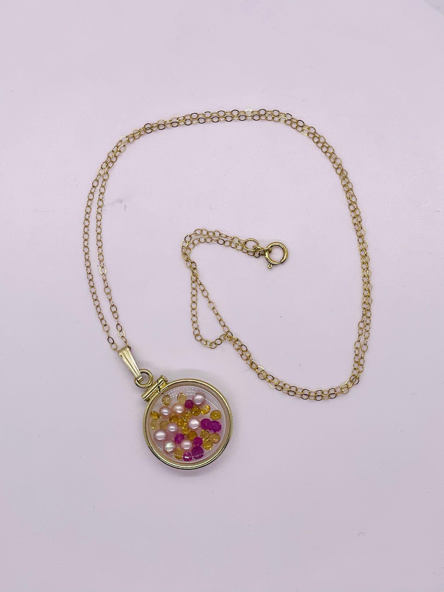 14k solid gold handmade dime size ruby, citrine, pearl shaker locket artistic series, beautiful mix