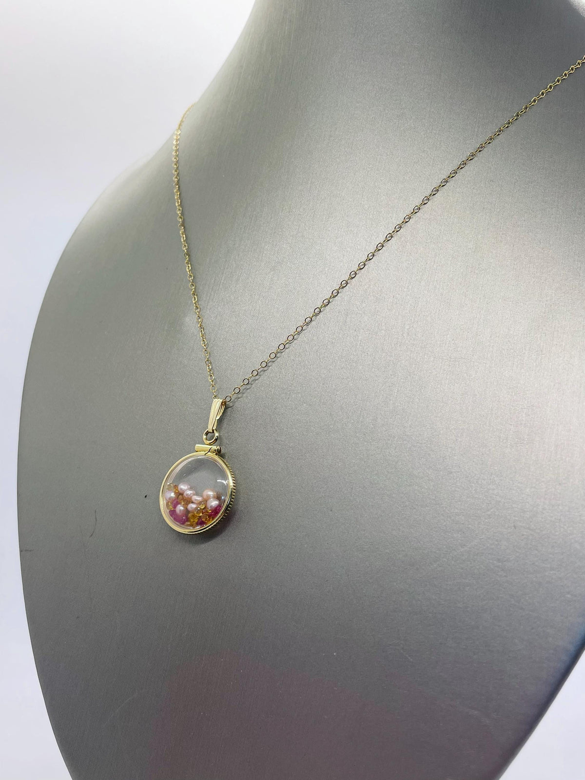 14k solid gold handmade dime size ruby, citrine, pearl shaker locket artistic series, beautiful mix