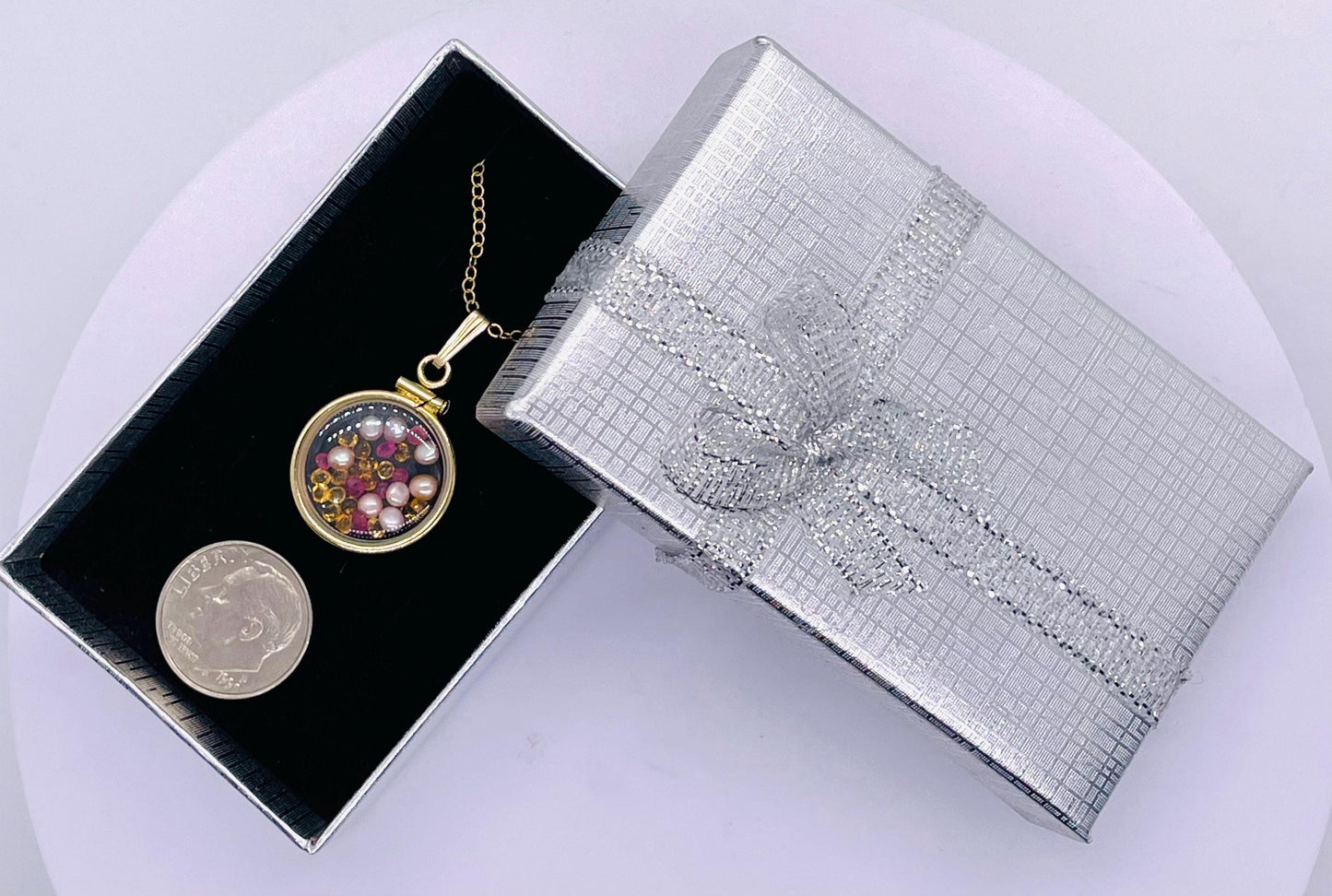 14k solid gold handmade dime size ruby, citrine, pearl shaker locket artistic series, beautiful mix