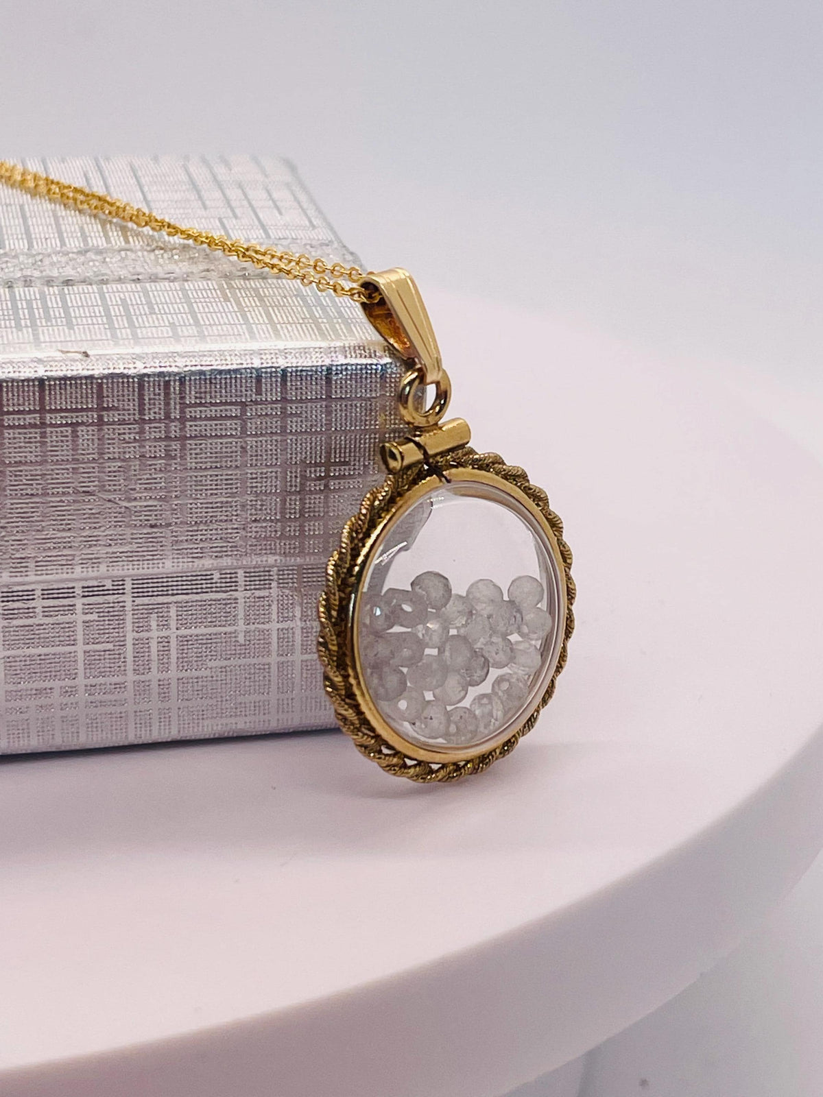 Hand made 21 mm nickel size 14k gold filled lucite genuine moonstone shaker locket with rope edge and  beautiful bead crystals.