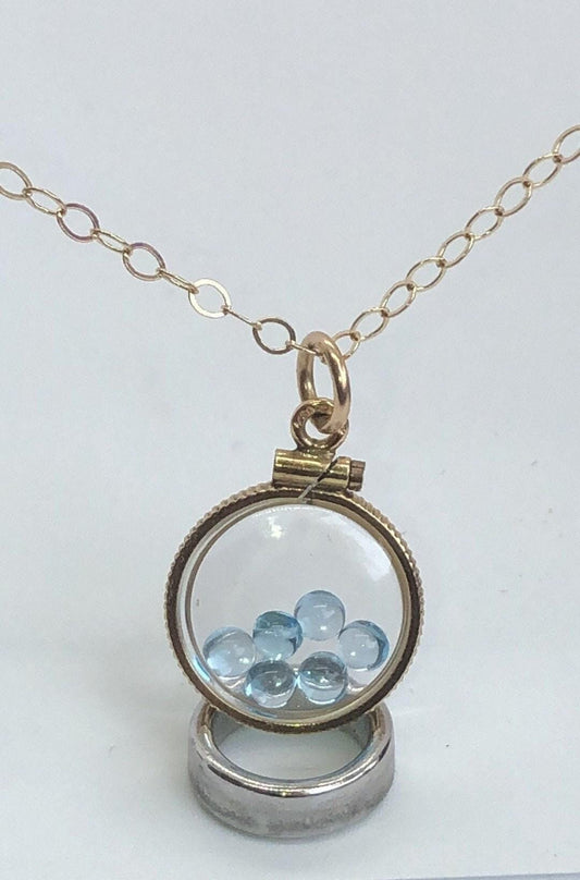 Vintage baby blue natural topaz shaker locket, gold filled with genuine gems. new old stock 50 years old! limited supply custom for mom? ask