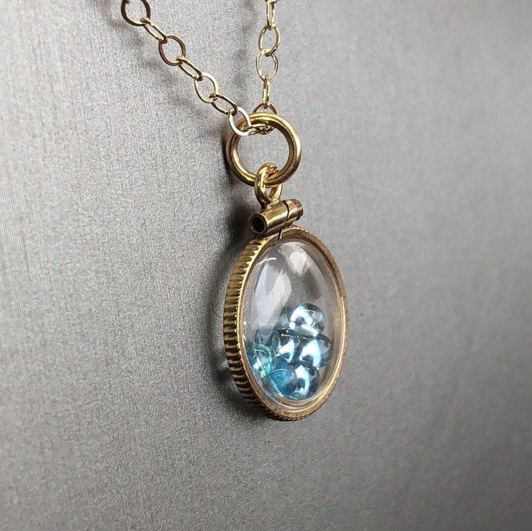 Vintage baby blue natural topaz shaker locket, gold filled with genuine gems. new old stock 50 years old! limited supply custom for mom? ask