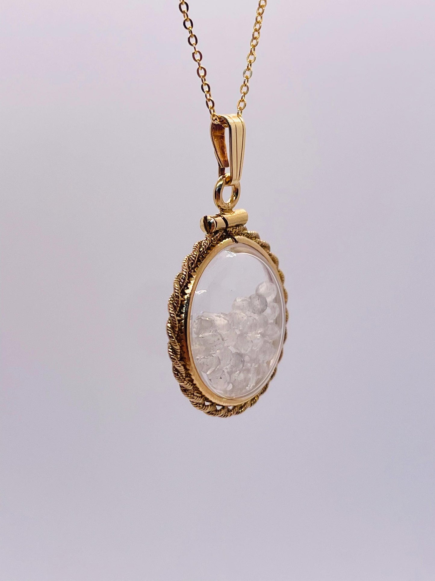 Hand made 21 mm nickel size 14k gold filled lucite genuine moonstone shaker locket with rope edge and  beautiful bead crystals.