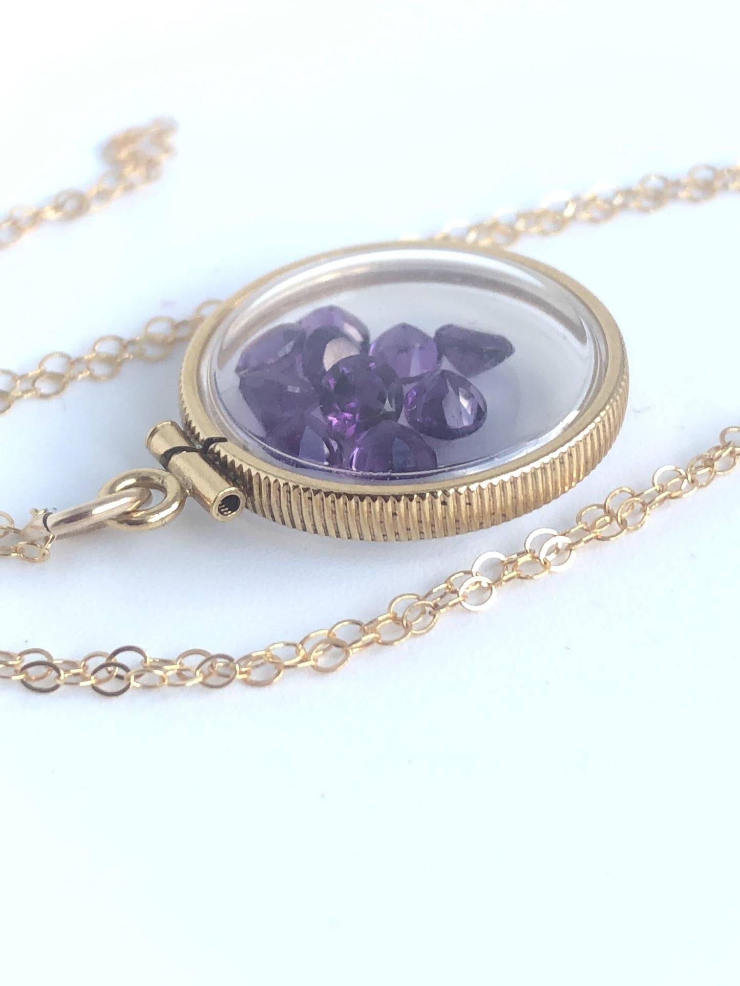 Handmade amethyst shaker locket 20mm, gold filled locket,  2.9  tcw, february birthstone make one for your mom for mother's day, ask me