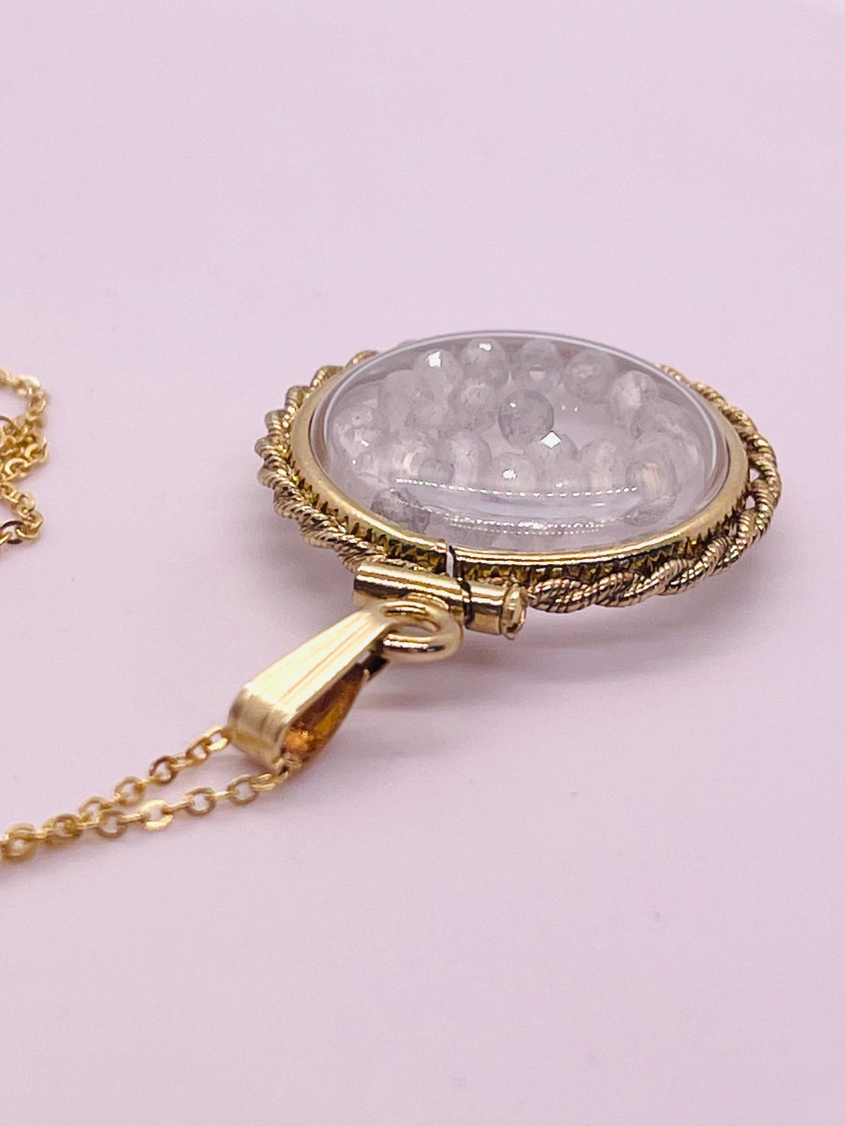 Hand made 21 mm nickel size 14k gold filled lucite genuine moonstone shaker locket with rope edge and  beautiful bead crystals.