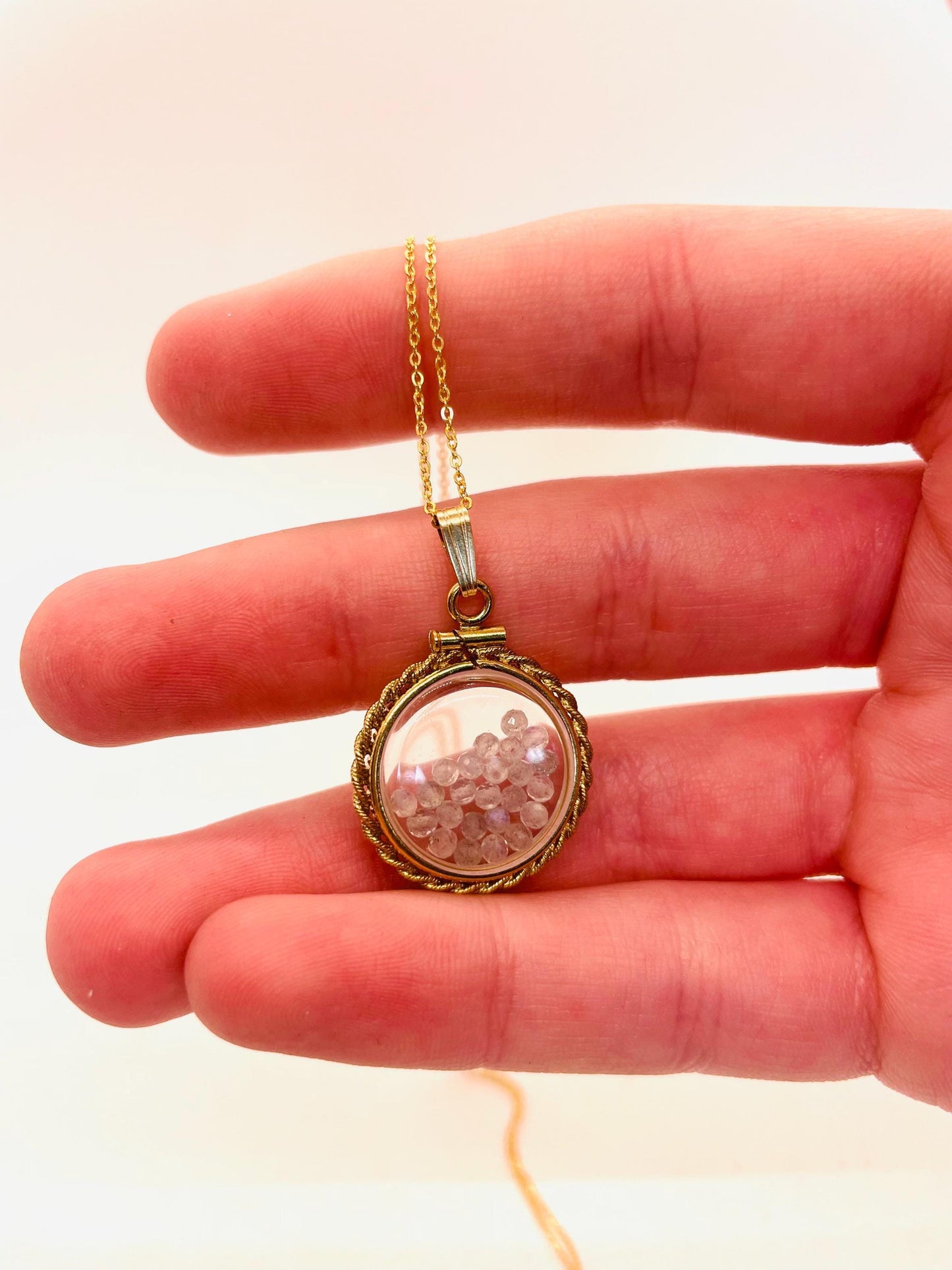 Hand made 21 mm nickel size 14k gold filled lucite genuine moonstone shaker locket with rope edge and  beautiful bead crystals.