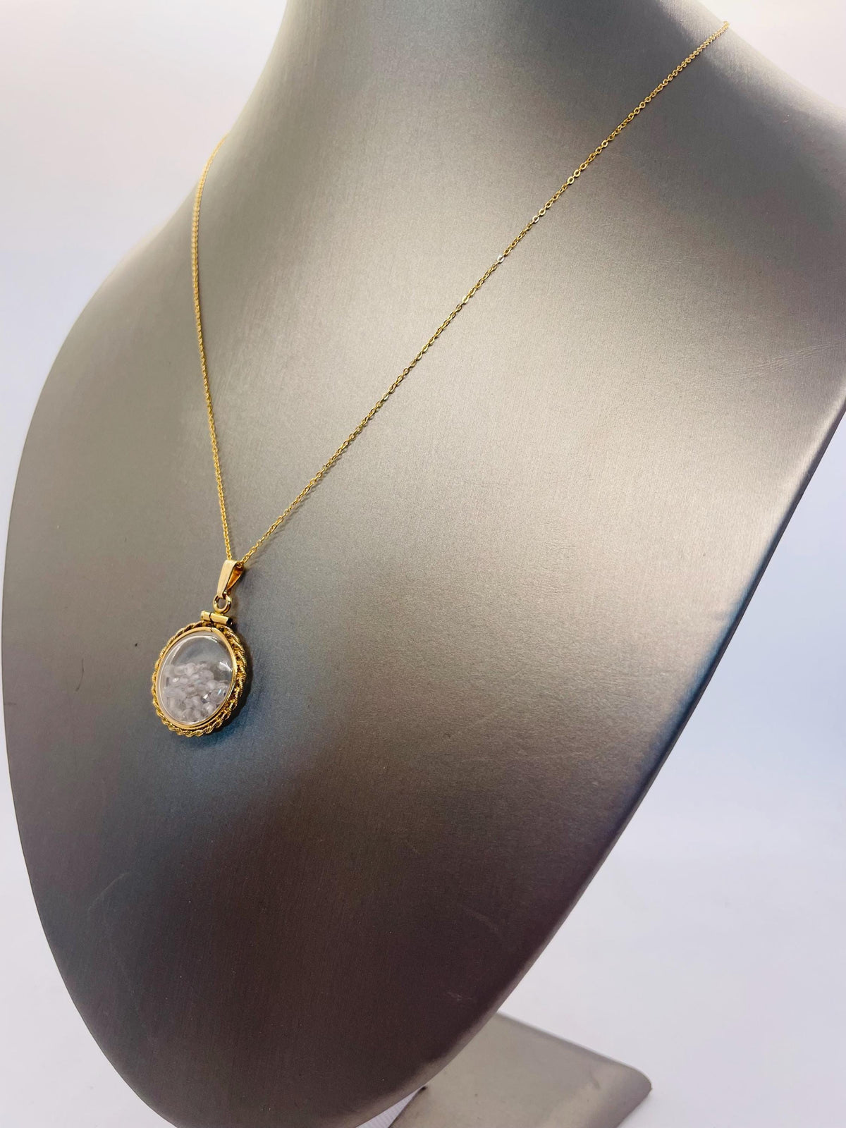 Hand made 21 mm nickel size 14k gold filled lucite genuine moonstone shaker locket with rope edge and  beautiful bead crystals.