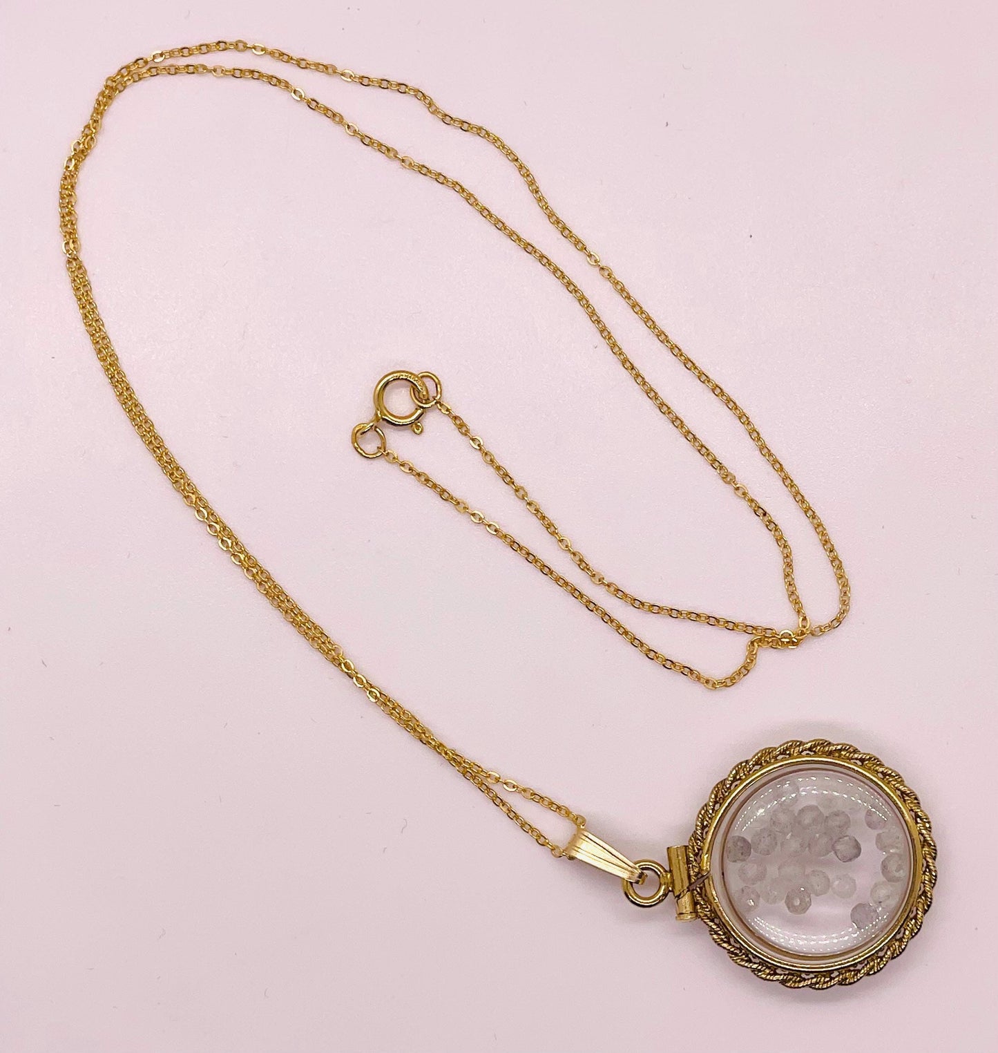 Hand made 21 mm nickel size 14k gold filled lucite genuine moonstone shaker locket with rope edge and  beautiful bead crystals.