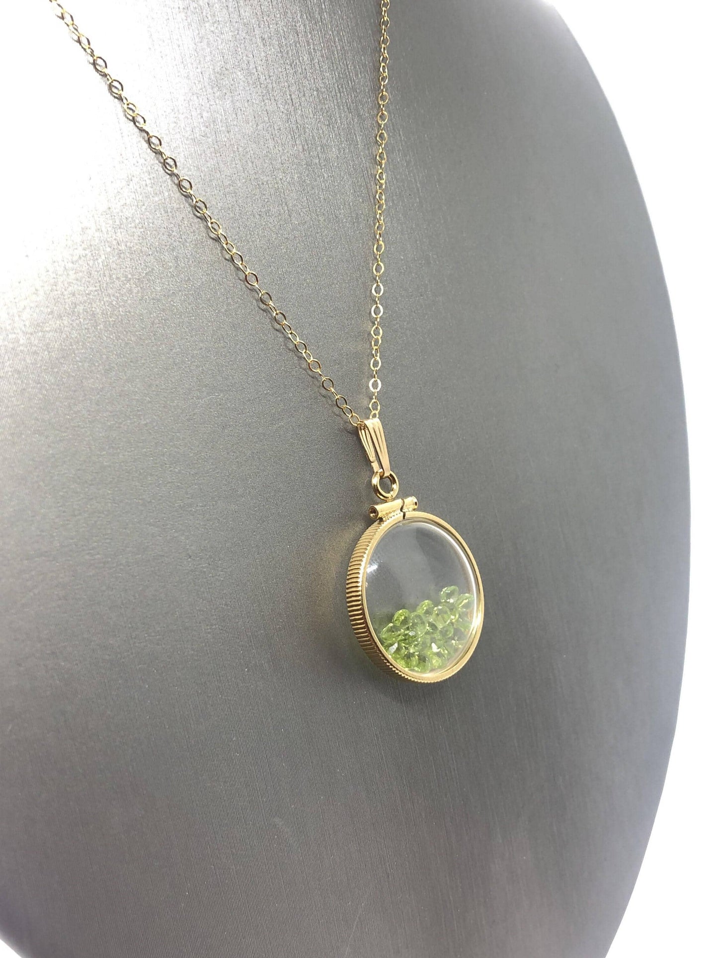 Handmade peridot shaker locket 14k gold filled or silver with beautiful august birthstone, 2.0 tcw