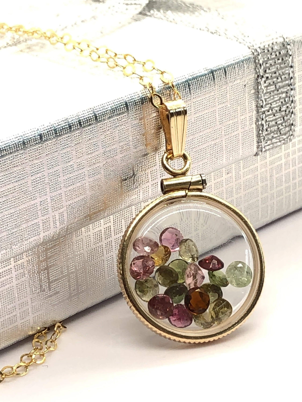 Handmade dime-size tourmaline shaker locket 14k gold-filled lucite view locket, necklace, beautiful october birthstone.