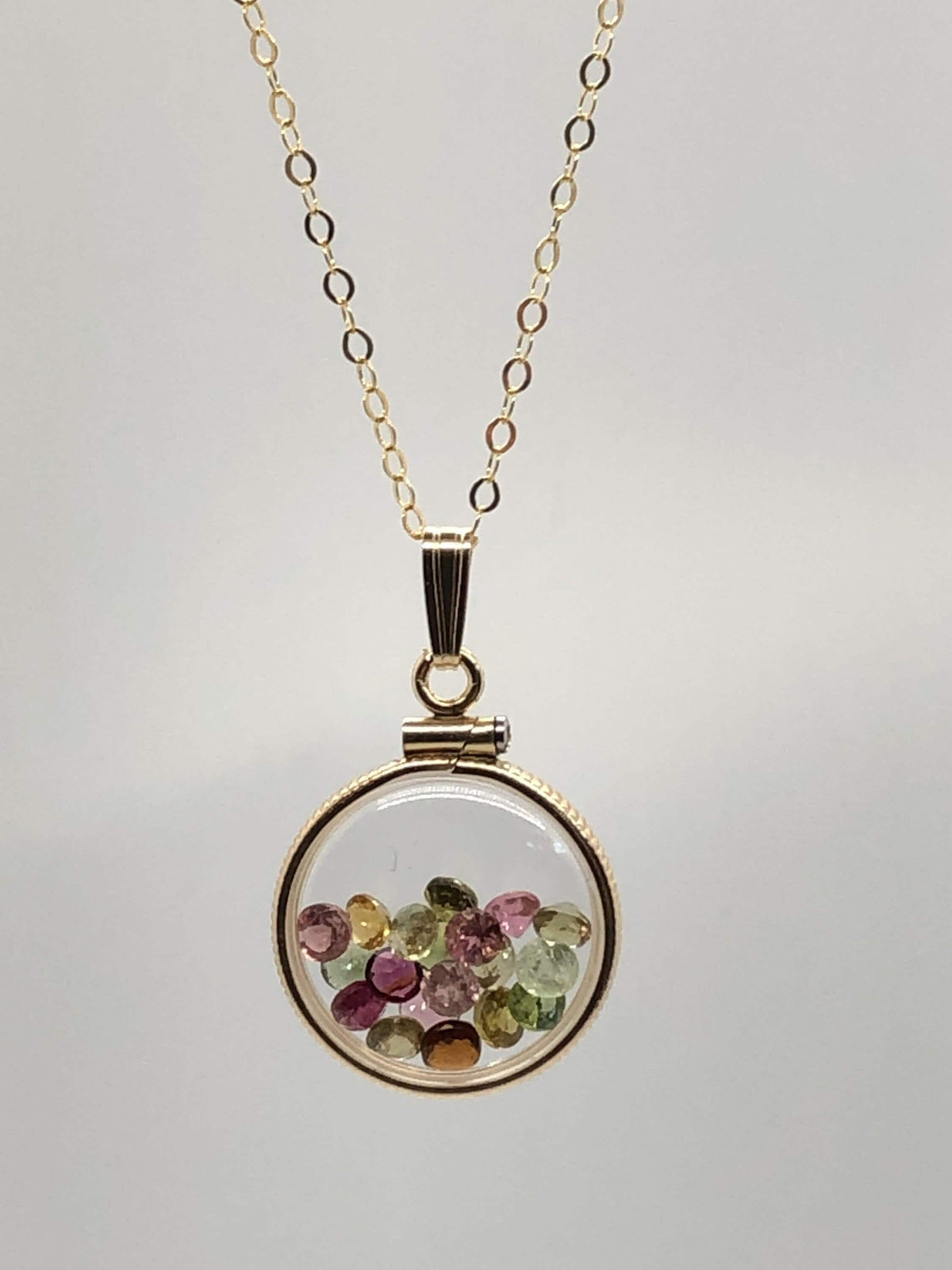 Handmade dime-size tourmaline shaker locket 14k gold-filled lucite view locket, necklace, beautiful october birthstone.