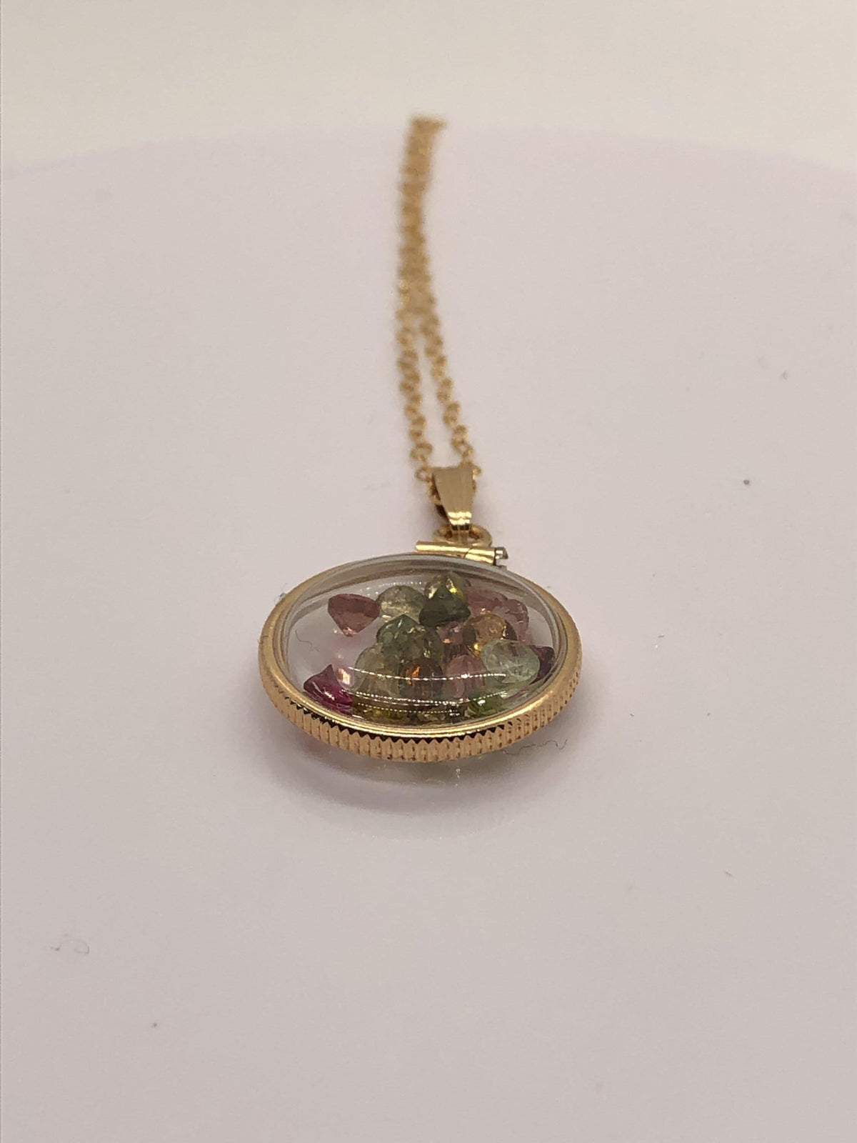 Handmade dime-size tourmaline shaker locket 14k gold-filled lucite view locket, necklace, beautiful october birthstone.