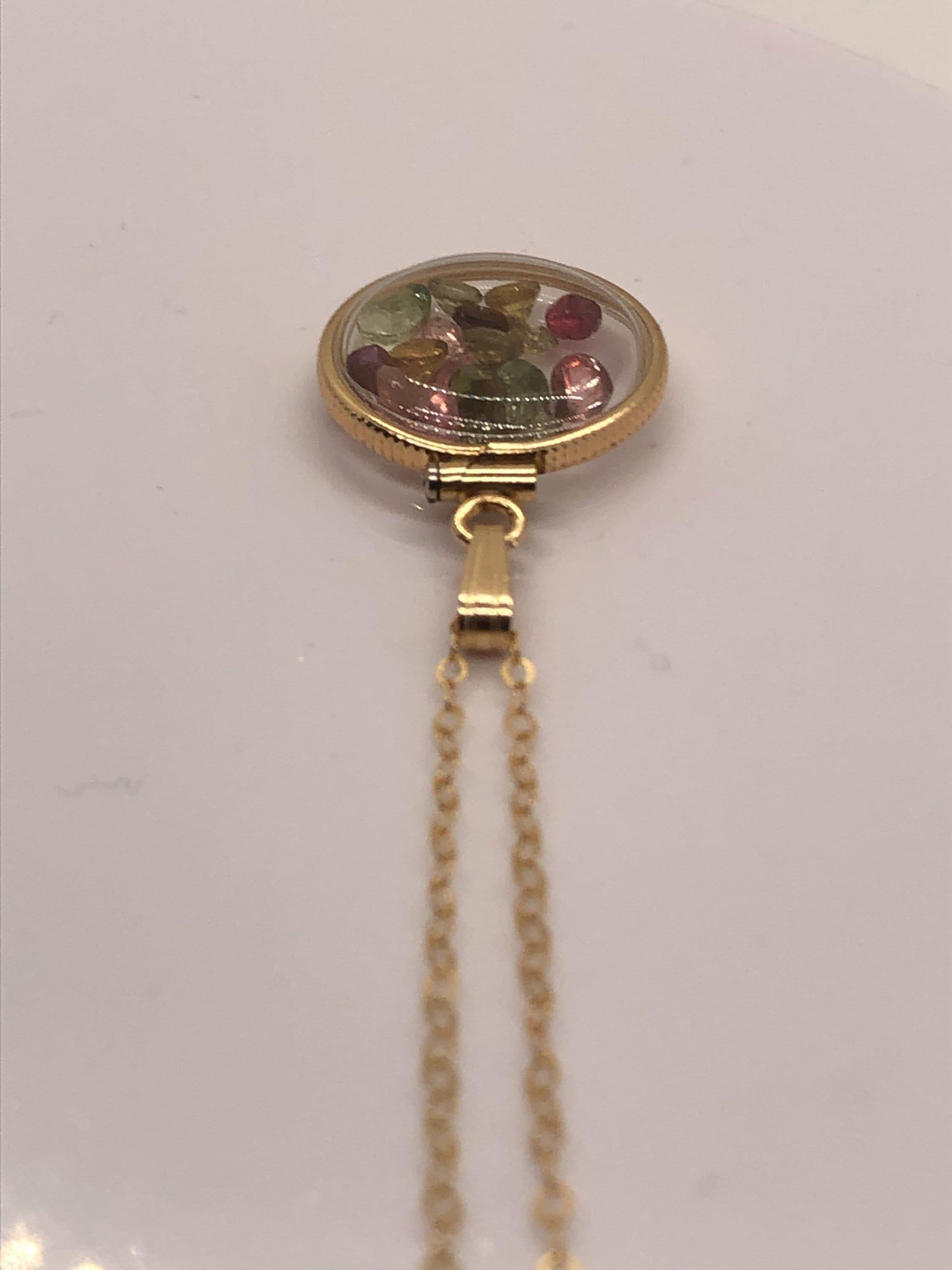 Handmade dime-size tourmaline shaker locket 14k gold-filled lucite view locket, necklace, beautiful october birthstone.