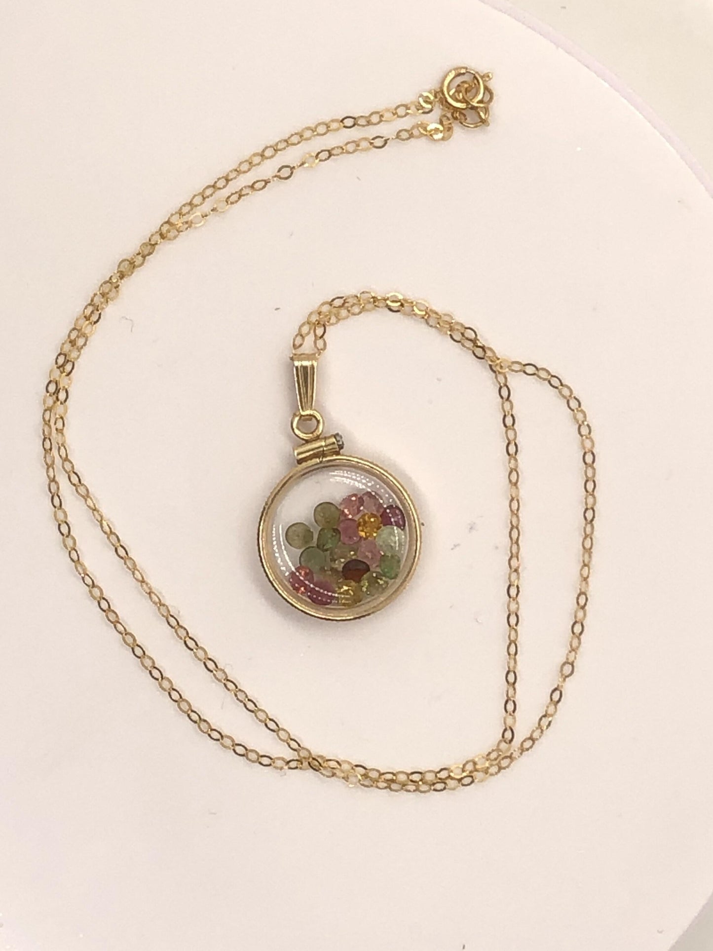 Handmade dime-size tourmaline shaker locket 14k gold-filled lucite view locket, necklace, beautiful october birthstone.
