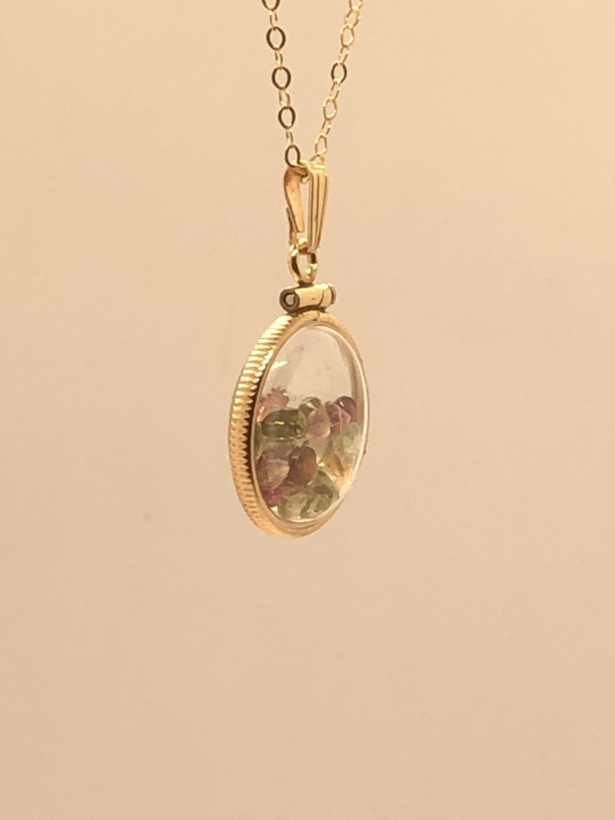 Handmade dime-size tourmaline shaker locket 14k gold-filled lucite view locket, necklace, beautiful october birthstone.