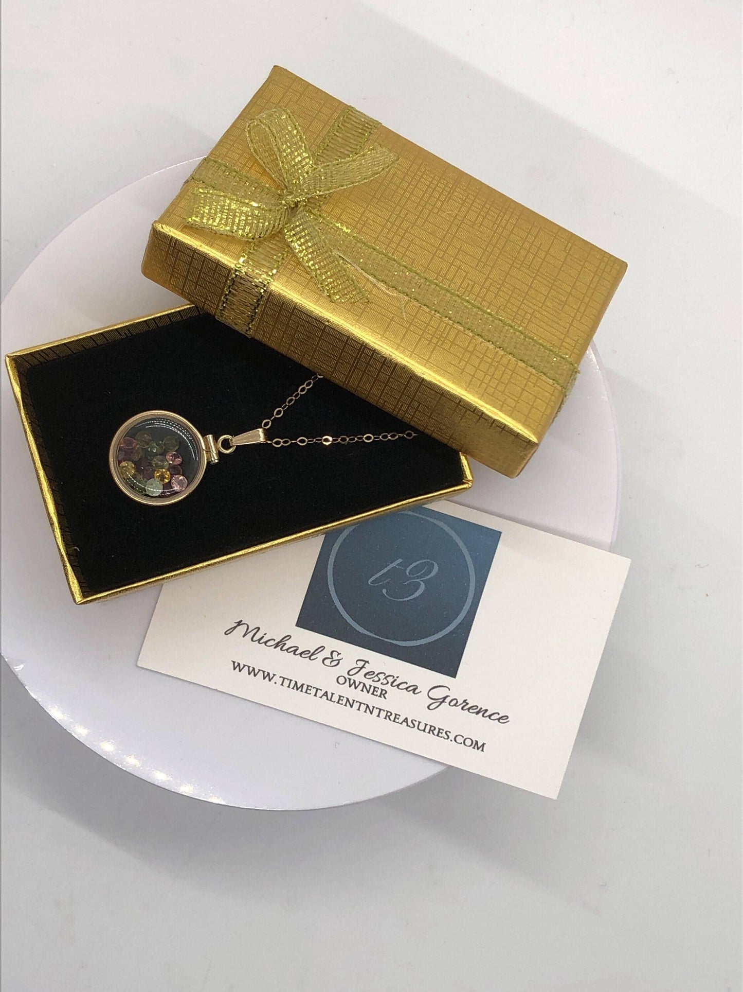 Handmade dime-size tourmaline shaker locket 14k gold-filled lucite view locket, necklace, beautiful october birthstone.