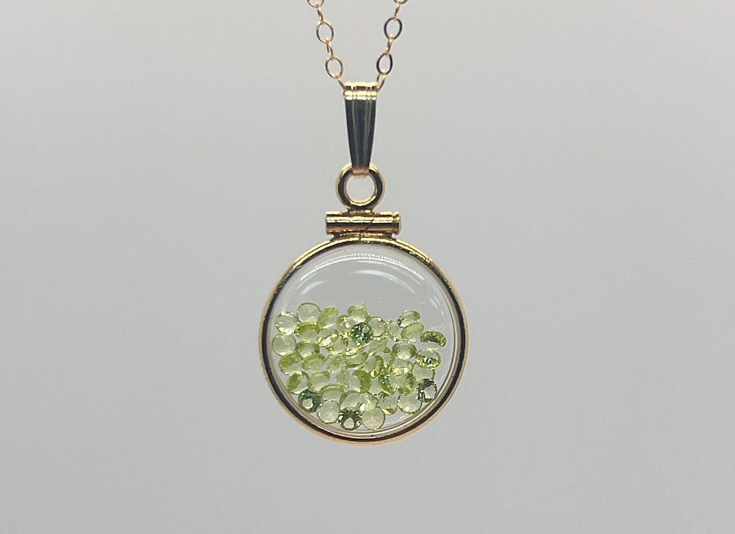 14k solid gold handmade dime size peridot shaker locket, 1.75 tcw, august birthstone.