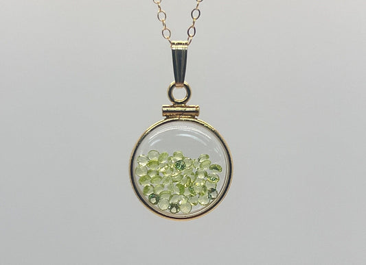 14k solid gold handmade dime size peridot shaker locket, 1.75 tcw, august birthstone.