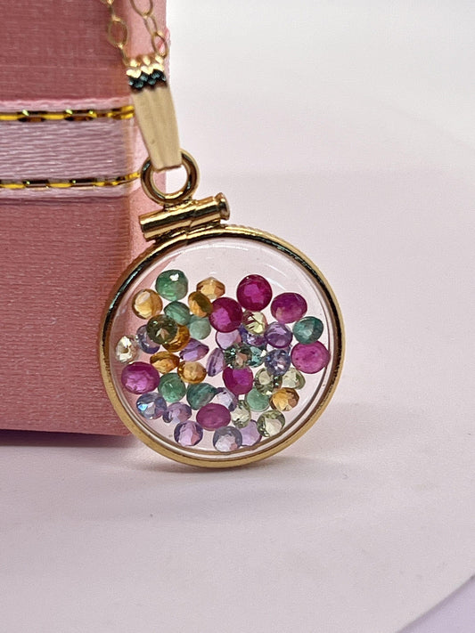 14k solid gold handmade dime size ruby, tanzanite, amethyst, emerald, peridot, citrine shaker locket artistic series, beautiful mix