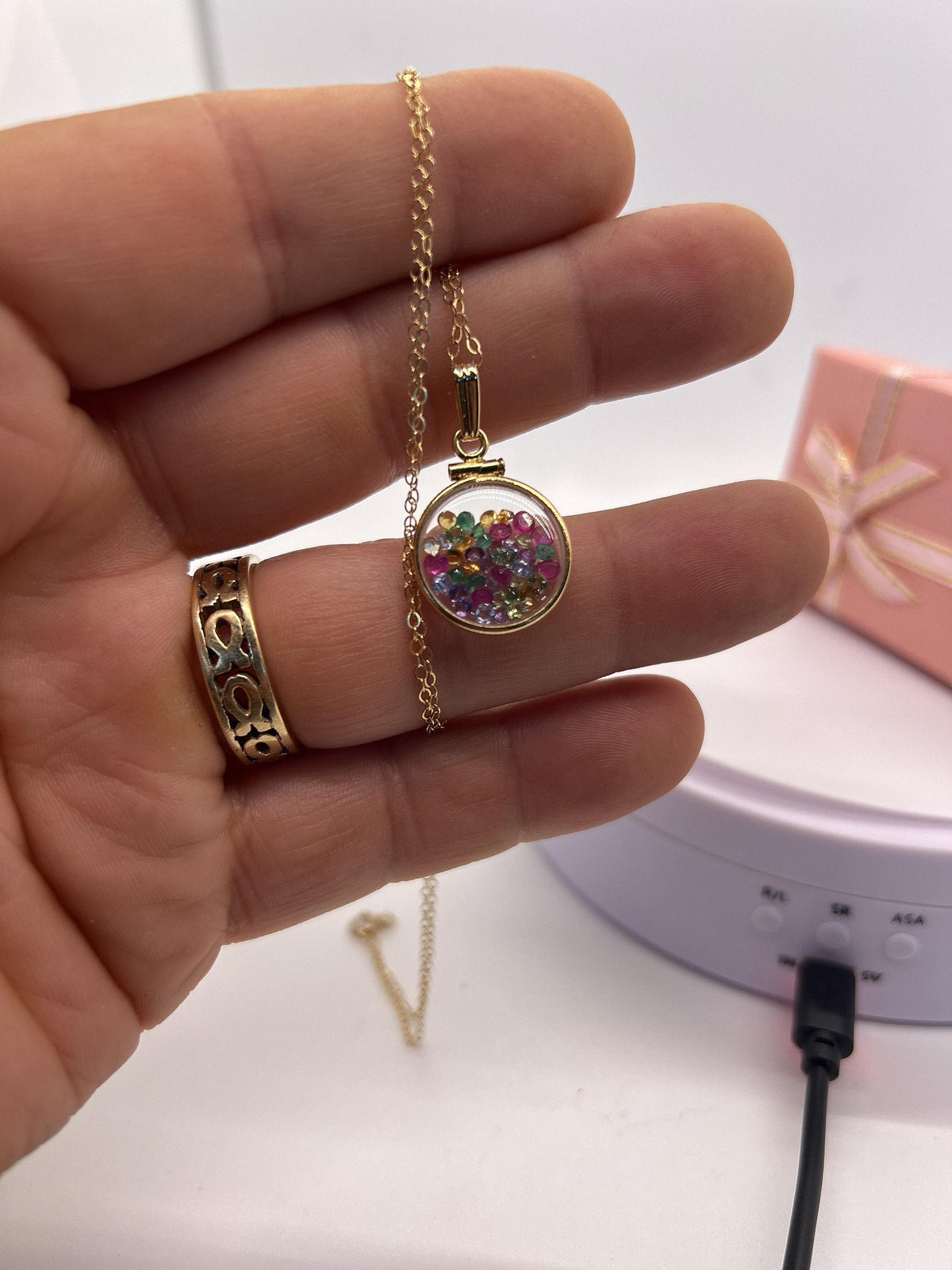 14k solid gold handmade dime size ruby, tanzanite, amethyst, emerald, peridot, citrine shaker locket artistic series, beautiful mix