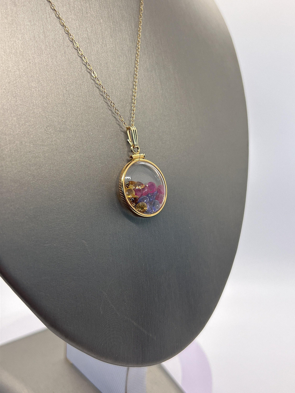 14k solid gold handmade dime size ruby, tanzanite, amethyst, emerald, peridot, citrine shaker locket artistic series, beautiful mix