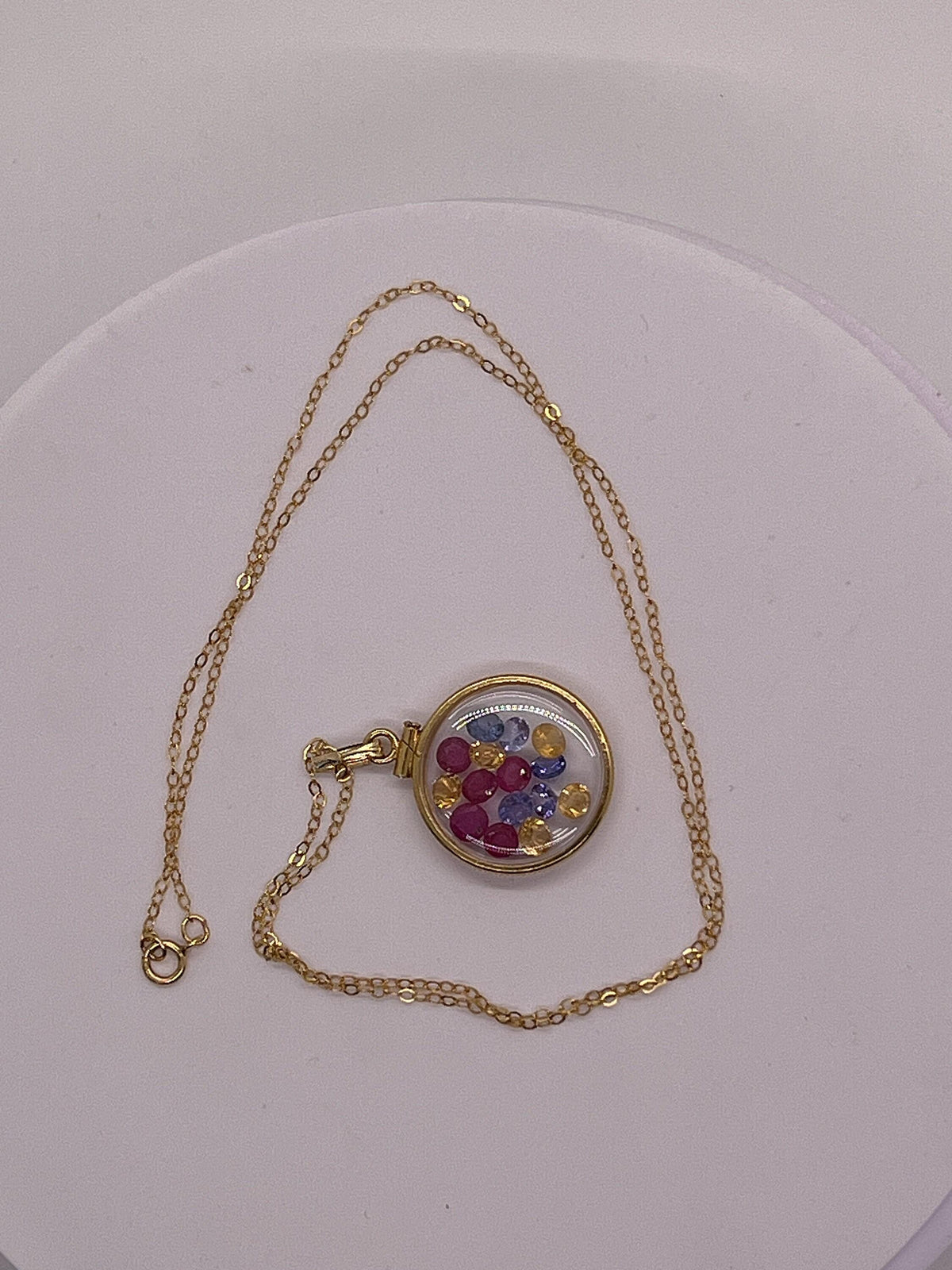 14k solid gold handmade dime size ruby, tanzanite, amethyst, emerald, peridot, citrine shaker locket artistic series, beautiful mix