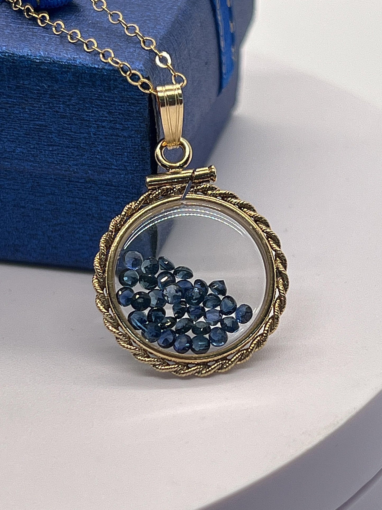 Hand made 21 mm nickel size 14k gold filled lucite sapphire shaker locket with rope edge, september birthstone.