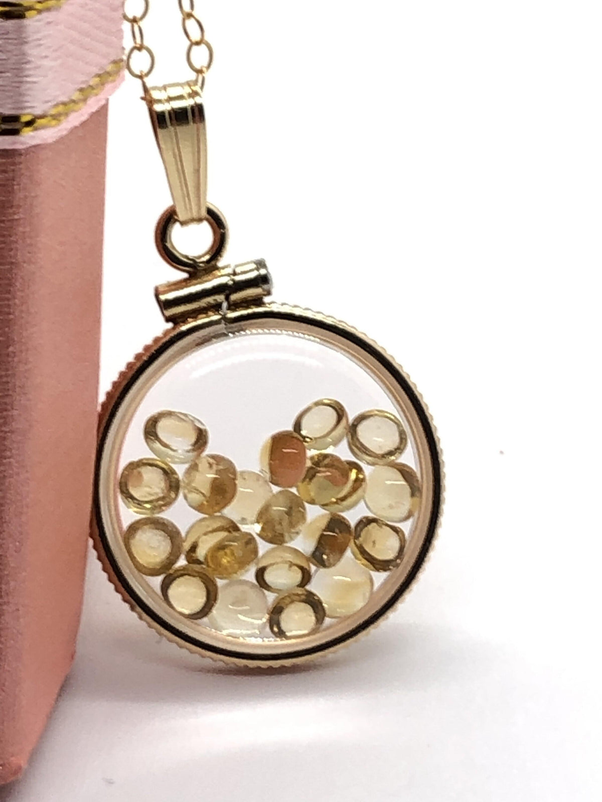 Handmade dime size citrine shaker locket 14k gold filled with beautiful november birthstone. you can custom create a locket, just ask!