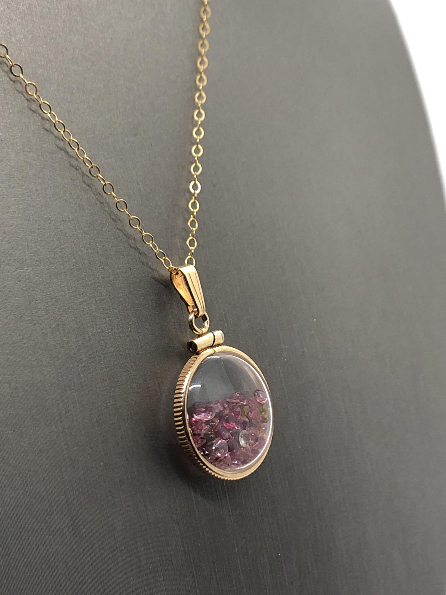 Handmade dime-size tourmaline shaker locket 14k gold-filled lucite view locket, necklace, beautiful october birthstone. small cut gems.