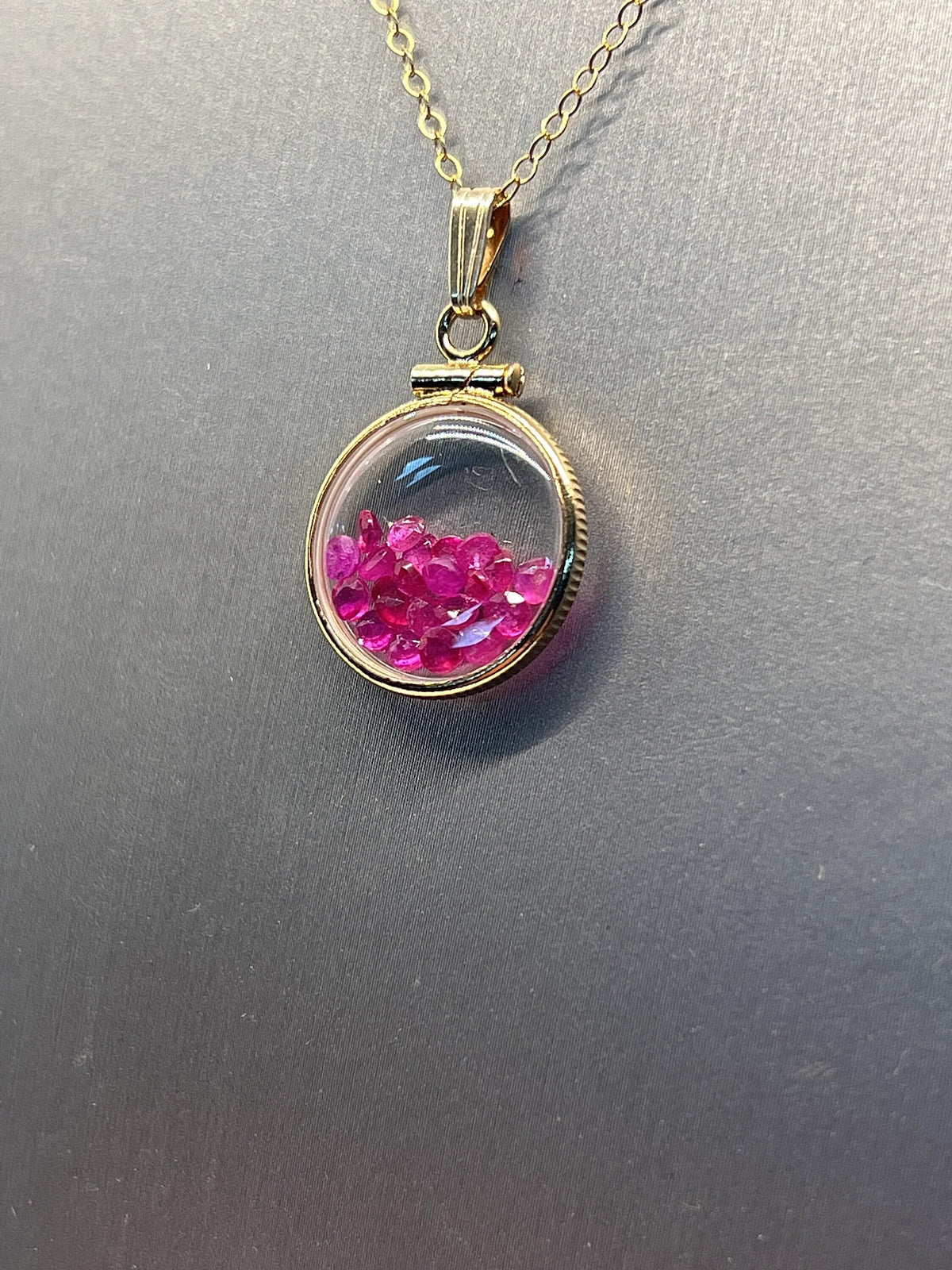 14k solid gold handmade dime sized ruby shaker locket with beautiful july birthstone, 1.95 tcw