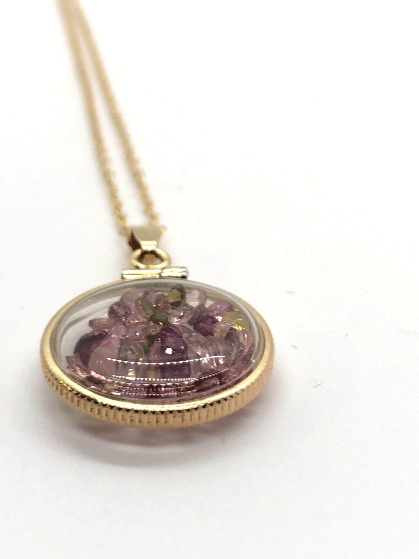 Handmade dime-size tourmaline shaker locket 14k gold-filled lucite view locket, necklace, beautiful october birthstone. small cut gems.