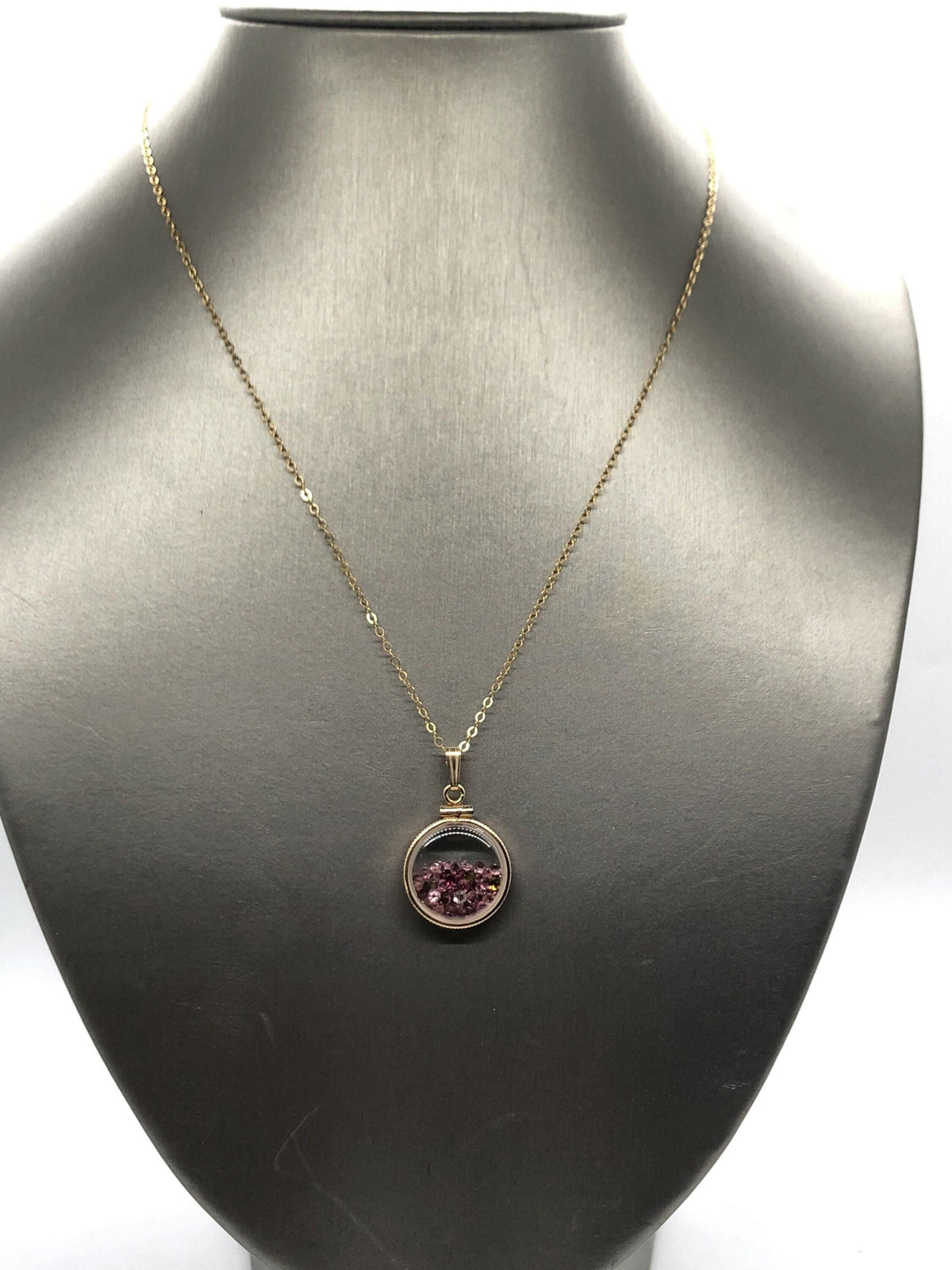 Handmade dime-size tourmaline shaker locket 14k gold-filled lucite view locket, necklace, beautiful october birthstone. small cut gems.