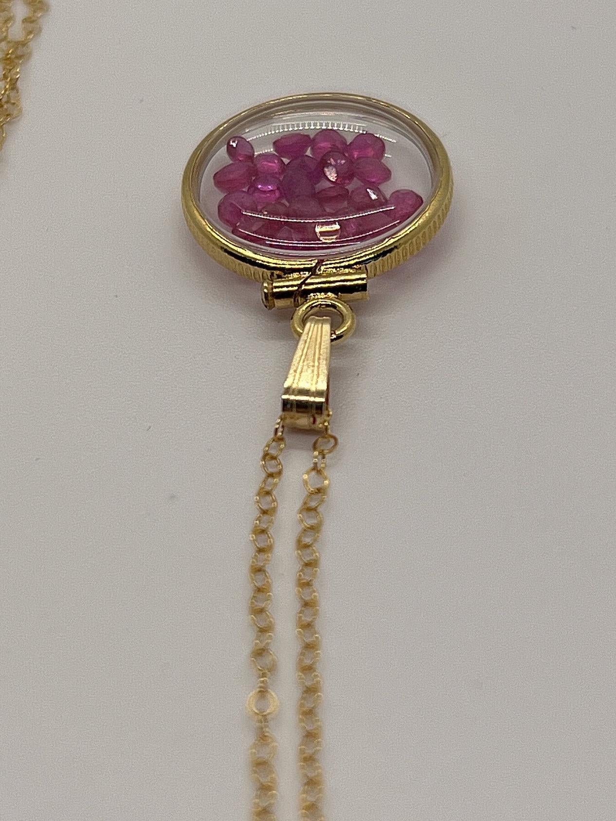 14k solid gold handmade dime sized ruby shaker locket with beautiful july birthstone, 1.95 tcw
