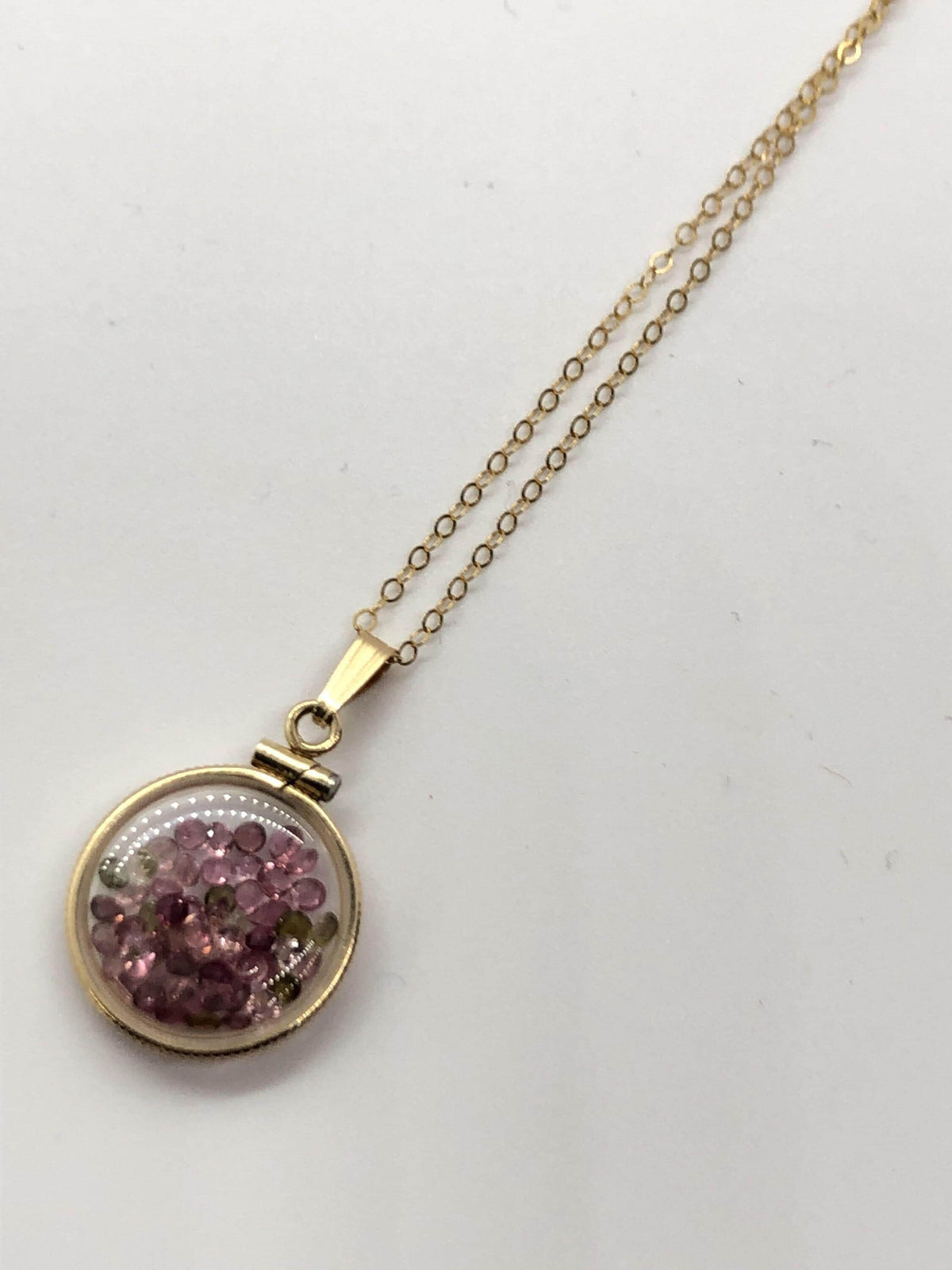 Handmade dime-size tourmaline shaker locket 14k gold-filled lucite view locket, necklace, beautiful october birthstone. small cut gems.