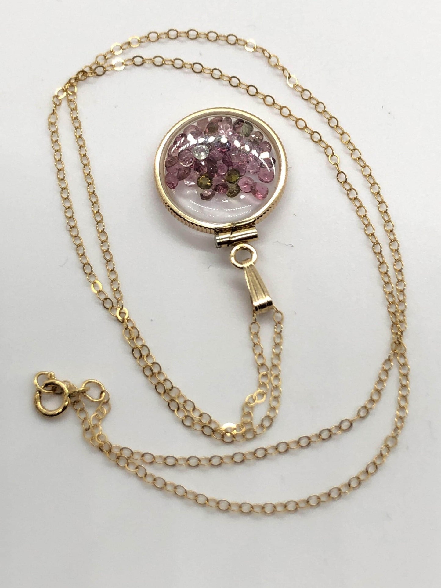 Handmade dime-size tourmaline shaker locket 14k gold-filled lucite view locket, necklace, beautiful october birthstone. small cut gems.