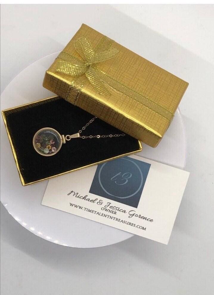 Handmade dime-size tourmaline shaker locket 14k gold-filled lucite view locket, necklace, beautiful october birthstone. small cut gems.