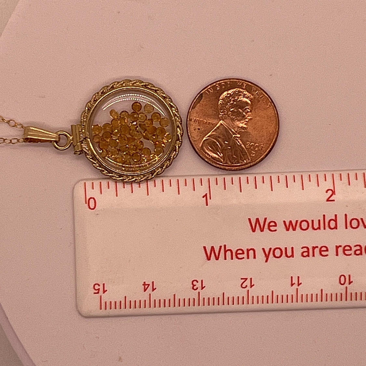 Hand made 21 mm nickel size 14k gold filled lucite sapphire shaker locket with rope edge, september birthstone.