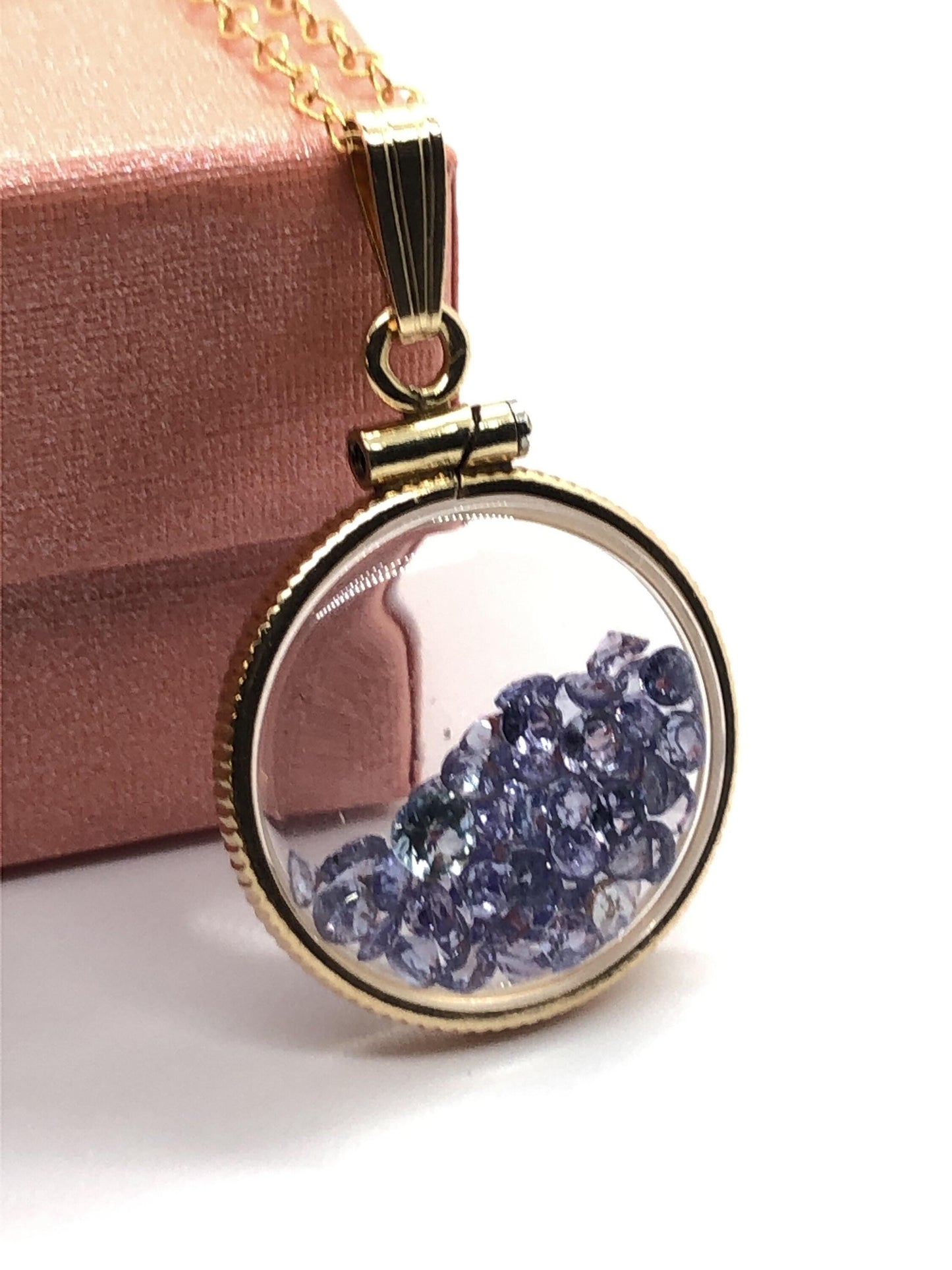 Handmade dime size tanzanite shaker locket 14k gf with beautiful december birthstone, you can custom create a locket ask me!