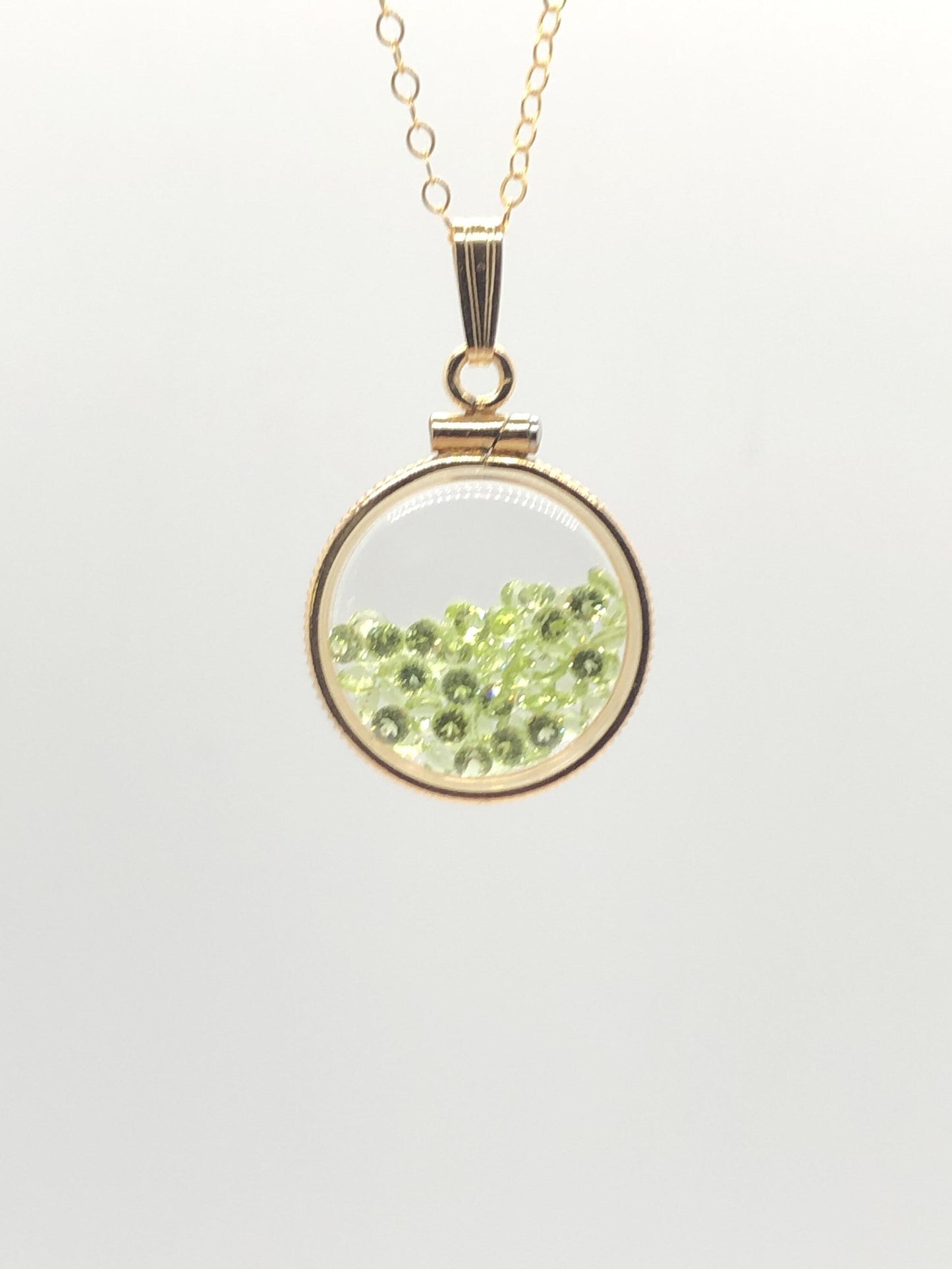 Handmade  dime size peridot shaker locket 14k gold filled beautiful august birthstone, 2.5 tcw
