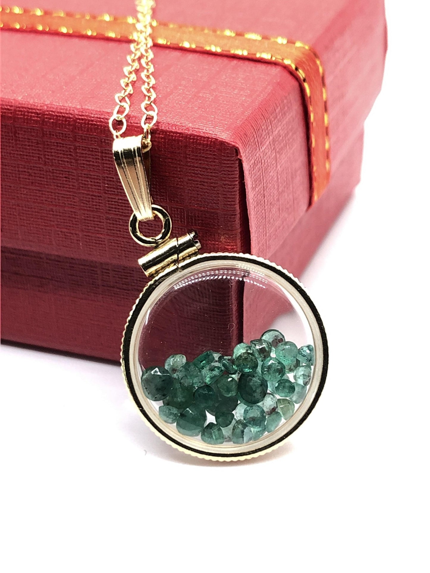 Handmade dime-size emerald shaker locket 14k gold-filled lucite view locket, necklace, beautiful may birthstone.